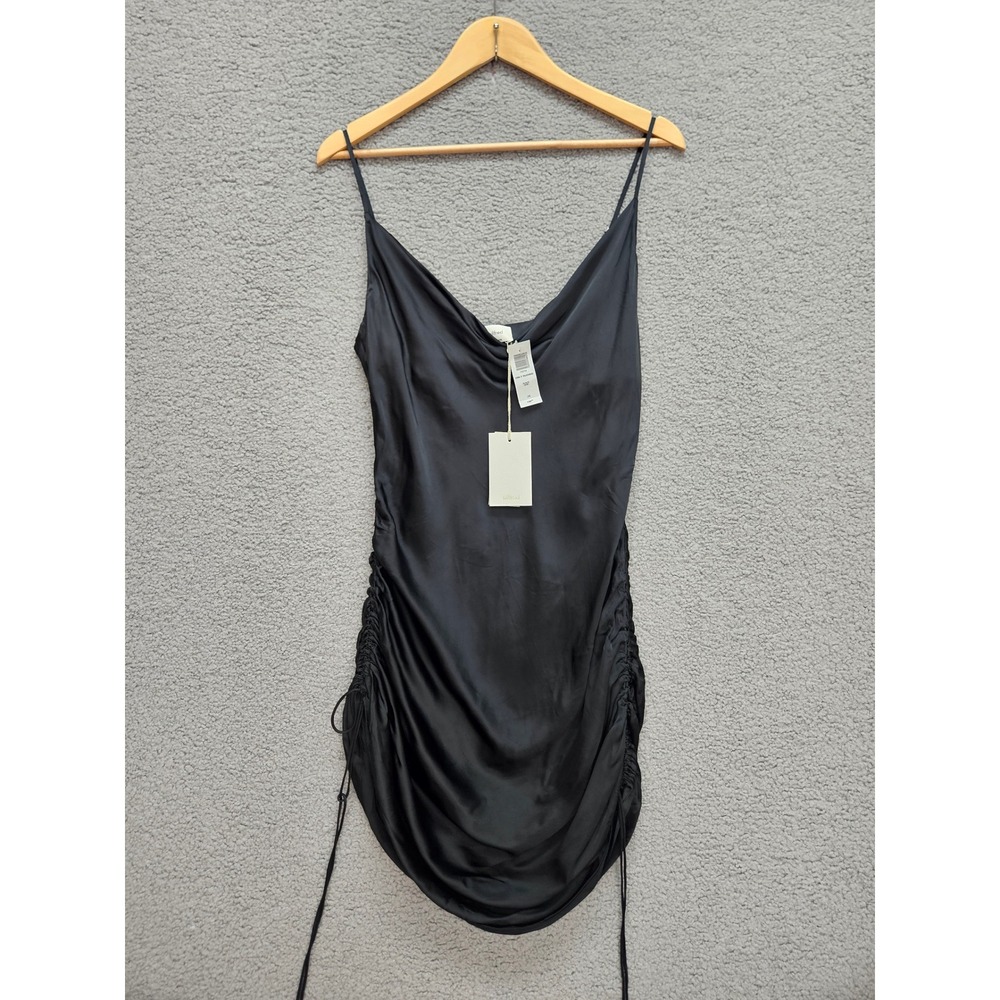 NWT Aritzia Wilfred Only Ruched Dress Large Black Satin Cowl Neck Slip Mini